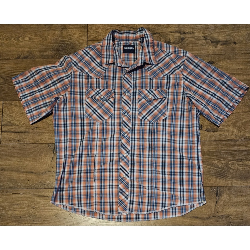 Wrangler Western Shirt Mens XL Pearl Snap Coral Salmon Plaid Short Sleeve